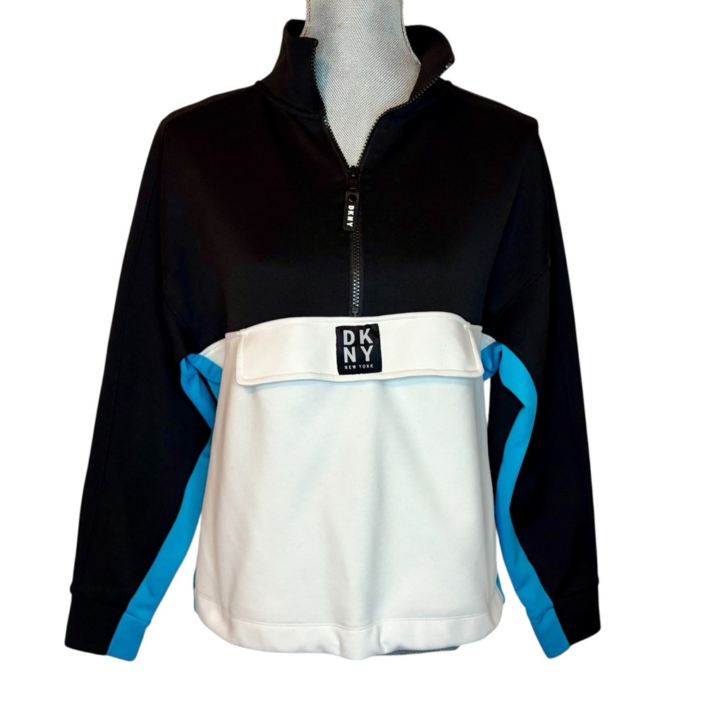 DKNY Sport Colorblock 1/4 Zip Pullover Sweatshirt S Black/White/Blue